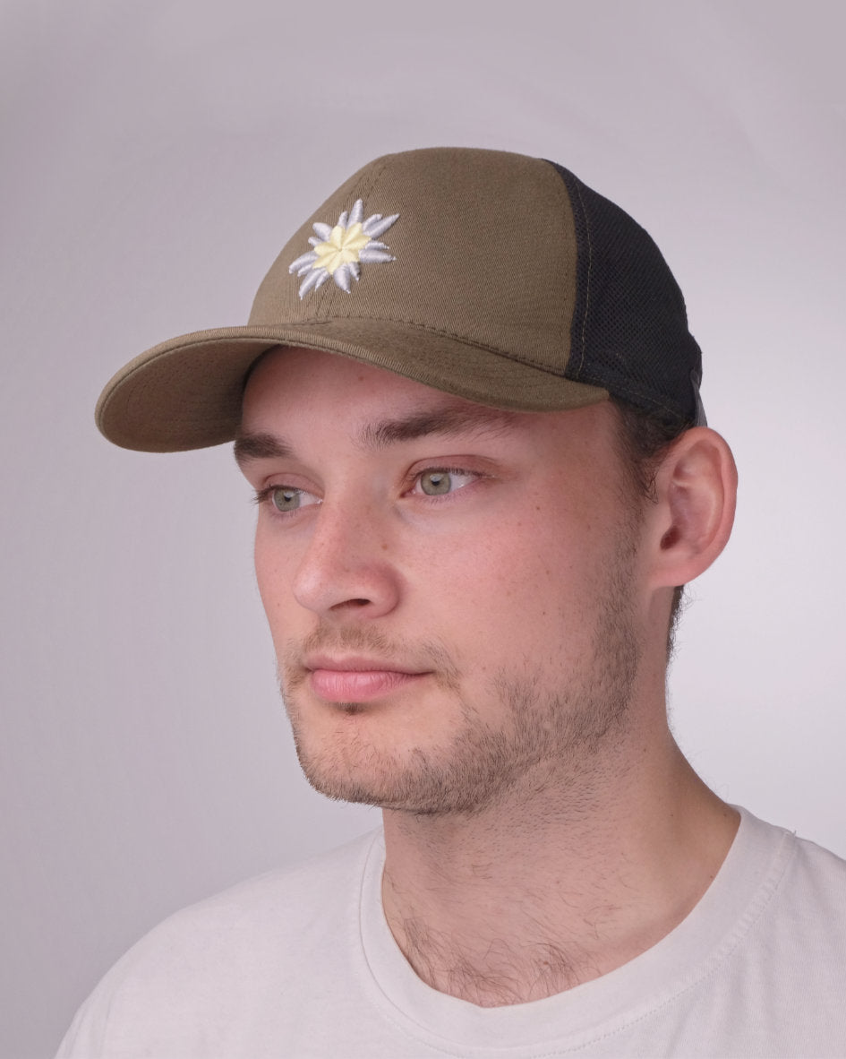 Olive Austrian Edelweiss Flower Mesh Cap