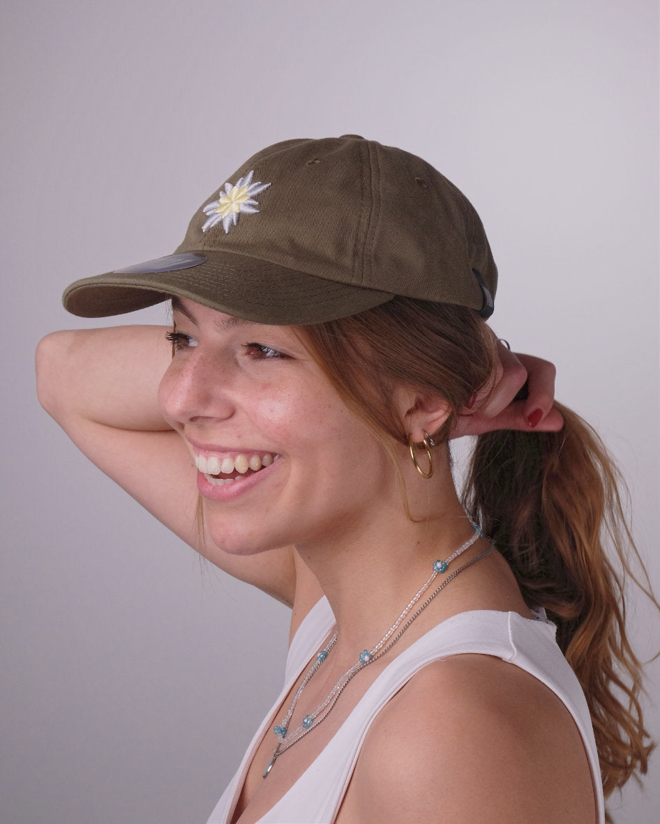 Olive Swiss Edelweiss Flower Flat Cap